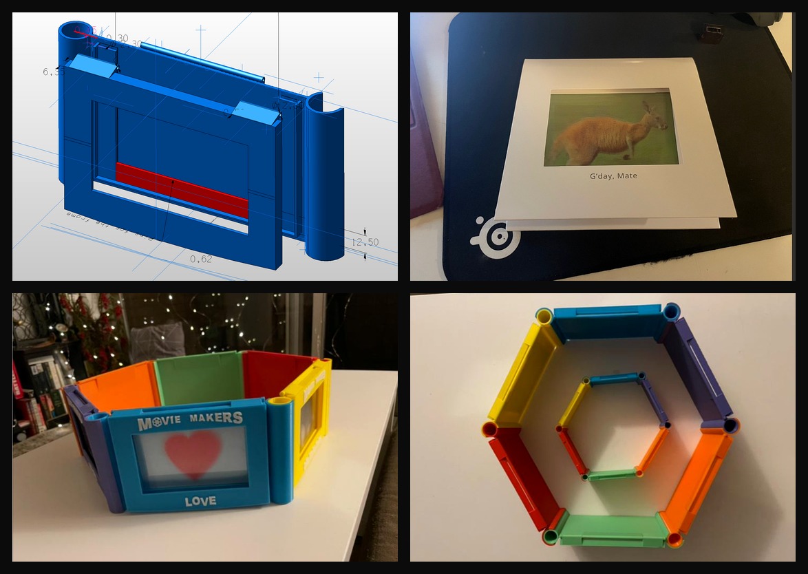 Four-image collage showing CAD, concept and prototype views of the Movie Makers modular collectible toy system