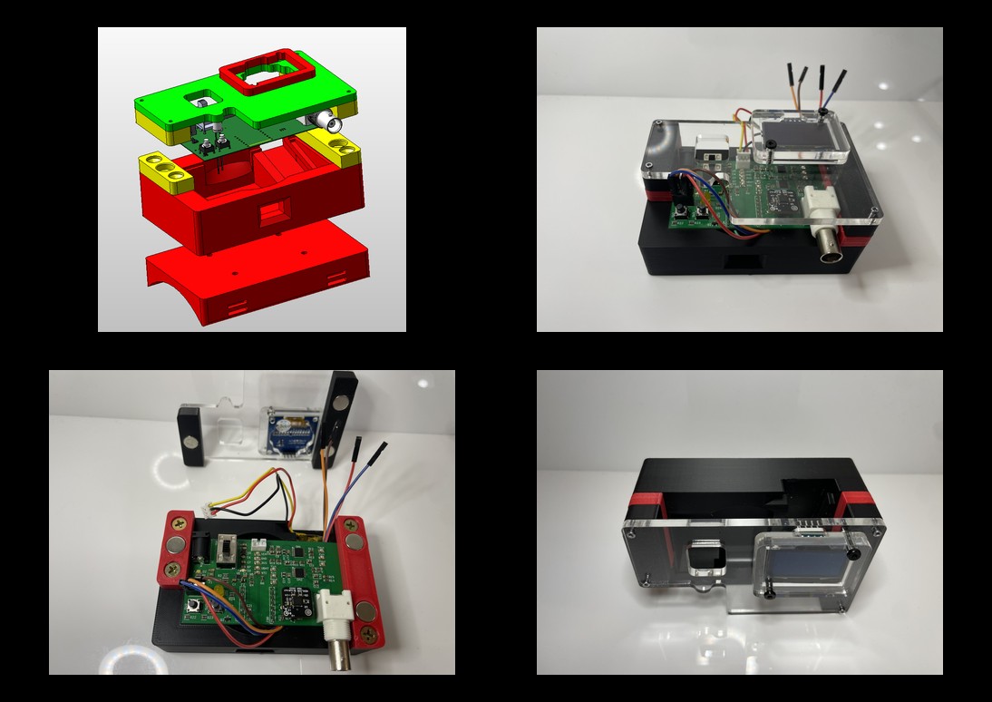 Four-image collage showing the magnetic PCB enclosure prototype in the user-requested order: exploded CAD view, assembled enclosure, internal electronics fit-up and front enclosure view