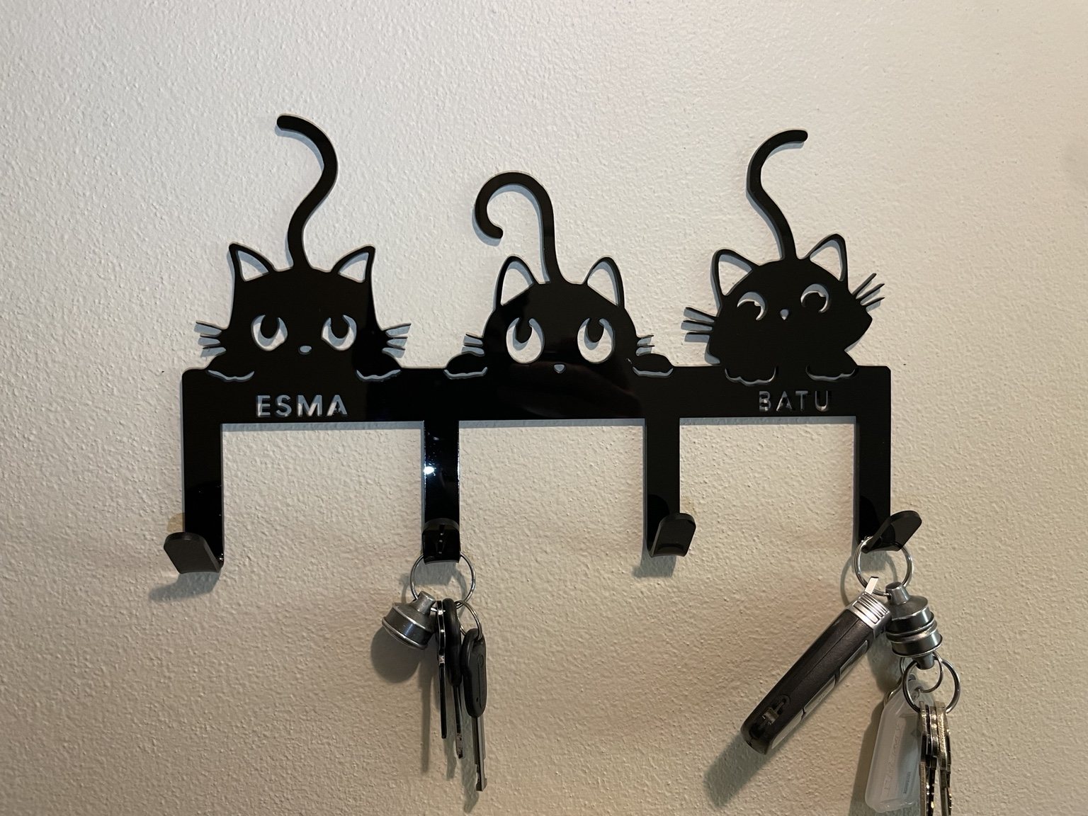 Finished personalised black acrylic cat key holder mounted on a wall