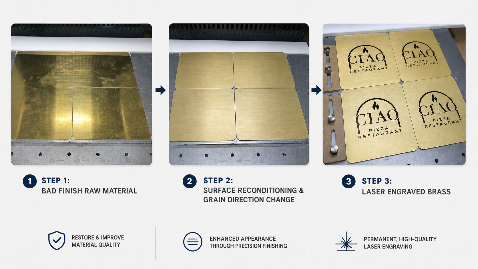 Step by step brass plate finishing process from bad raw finish to reconditioned grain and final laser engraved brass plates