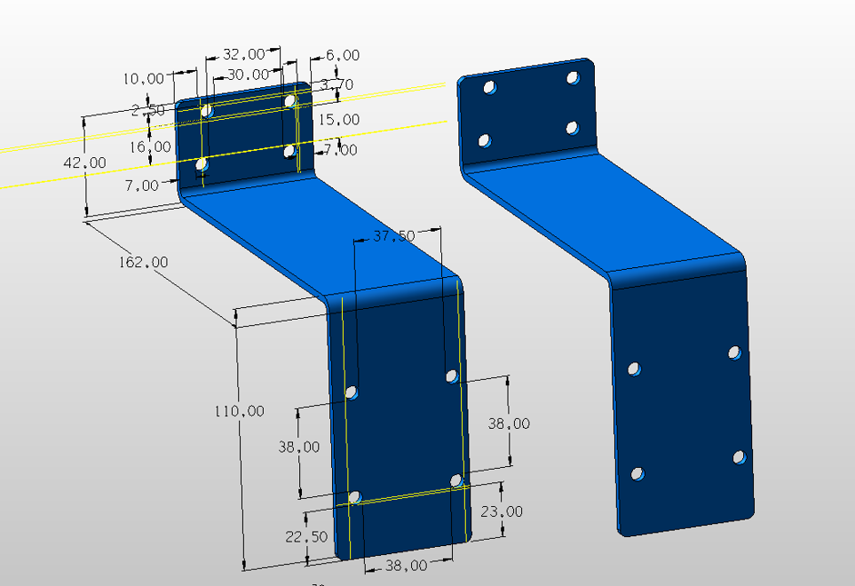 CAD model of a reverse engineered folded bracket with dimensions