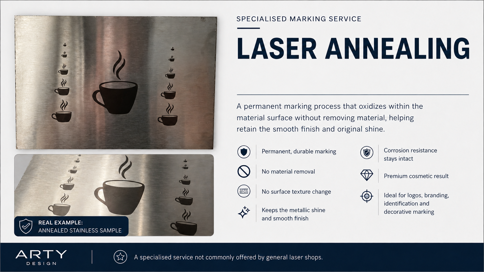 Laser annealing service example on brushed stainless steel showing permanent smooth cosmetic marking