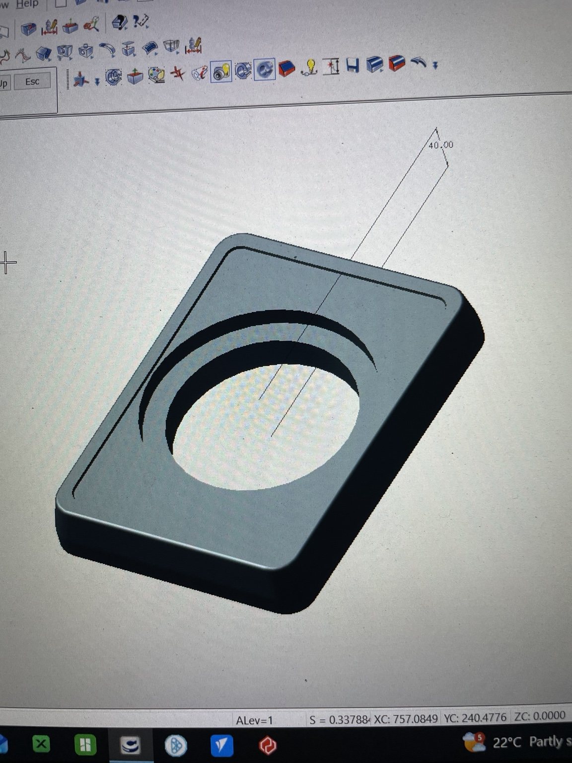 CAD model of the custom speaker enclosure showing the recessed opening and 40 millimetre thickness